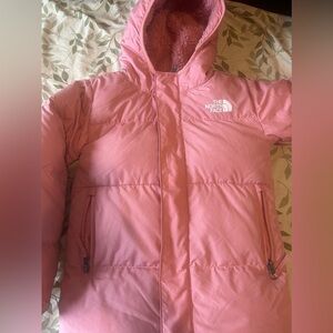 Pink girls north face puffer 
Size 5